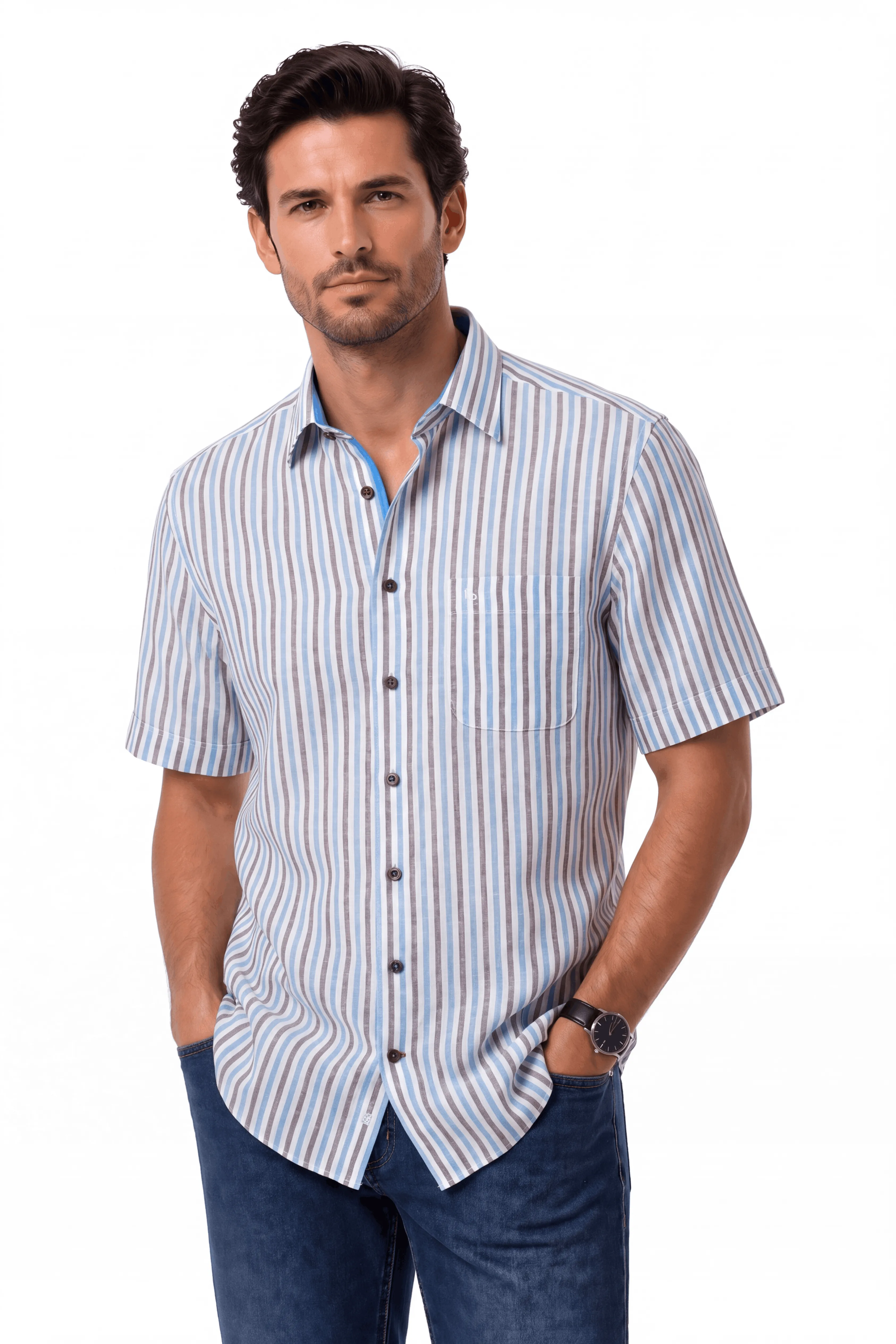 Bari Kent Kurzarm regular fit mit Kontrast mit Leinen