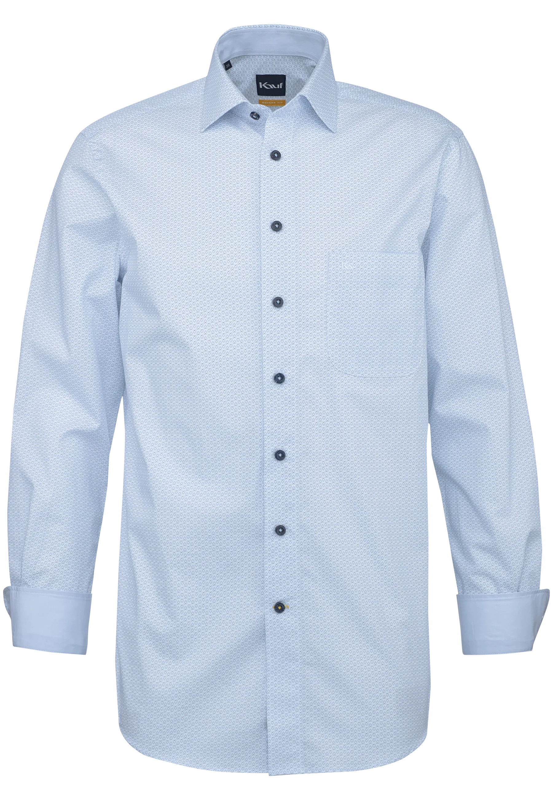 Chemise pour homme KAUF Firenze blanche, coupe Modern Fit, avec un petit motif imprimé bleu clair, col New Kent et poche poitrine