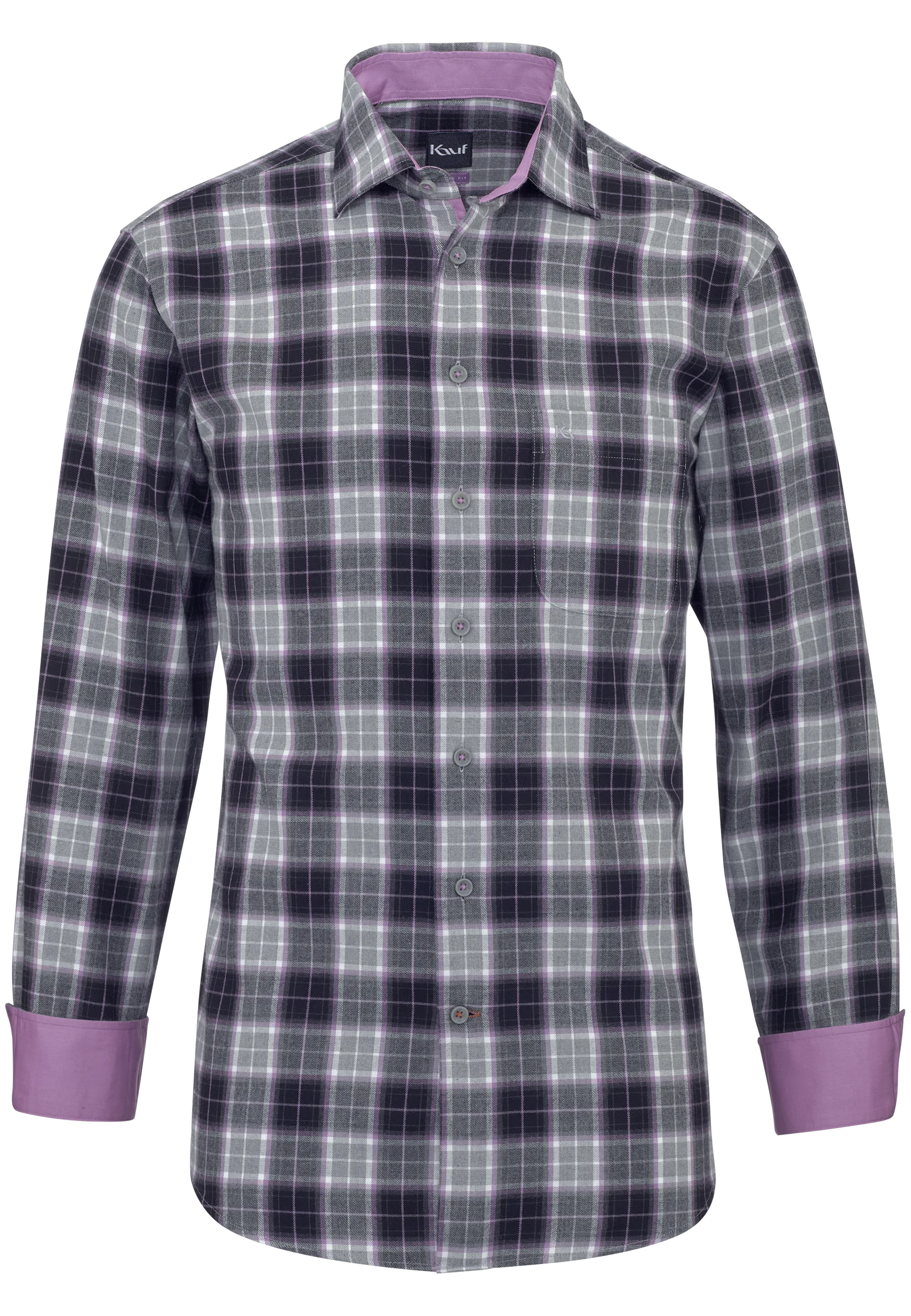 KAUF Bari Kent Men’s Regular Fit Shirt 176 60335 400, made from lightweight flannel with a striking chequered pattern in dark grey and purple, featuring a breast pocket and a safety pocket