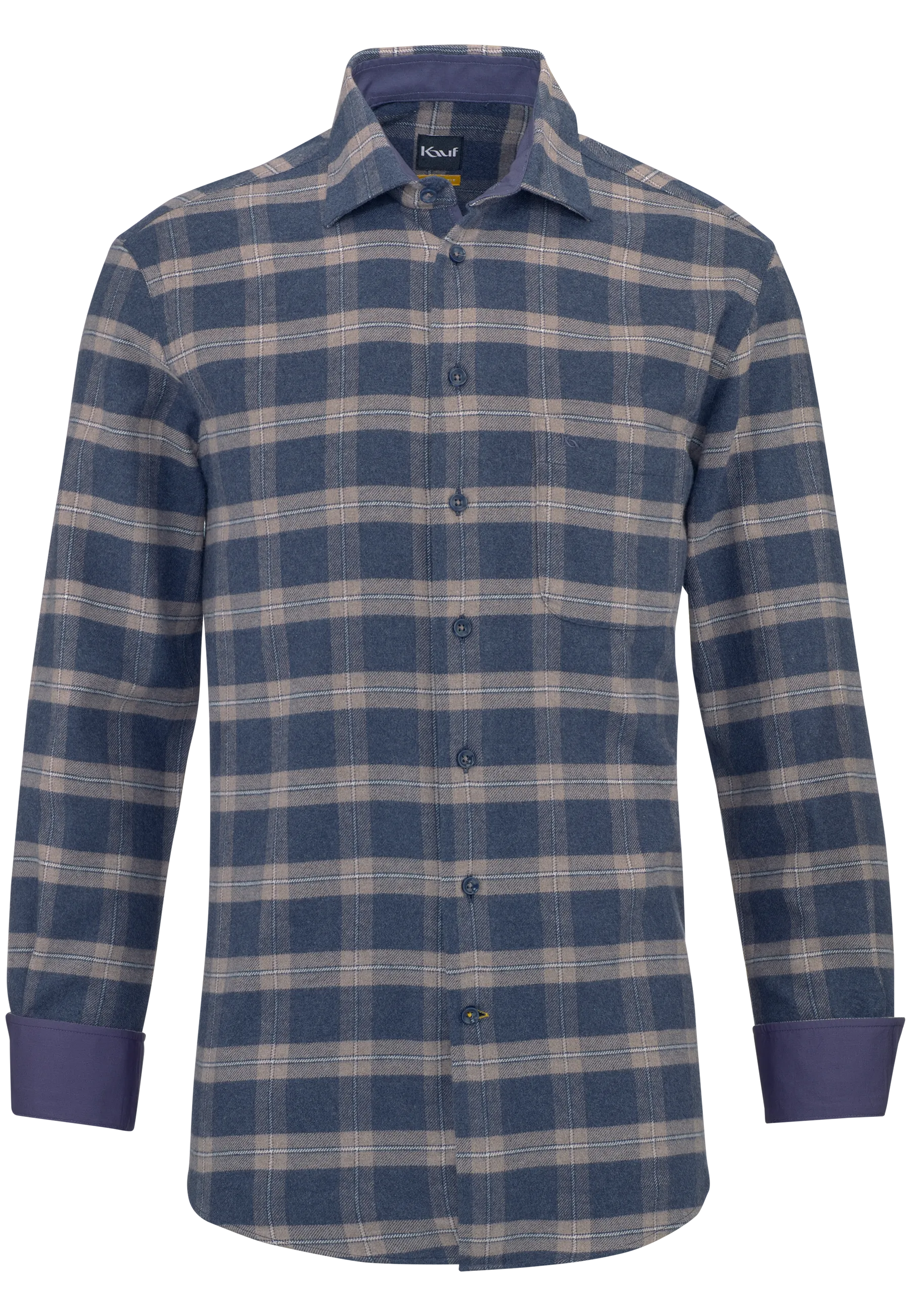 KAUF Regular Fit Men’s Shirt 176 60324 500 in dark blue and brown with a large checked pattern, Kent collar and safety pocket
