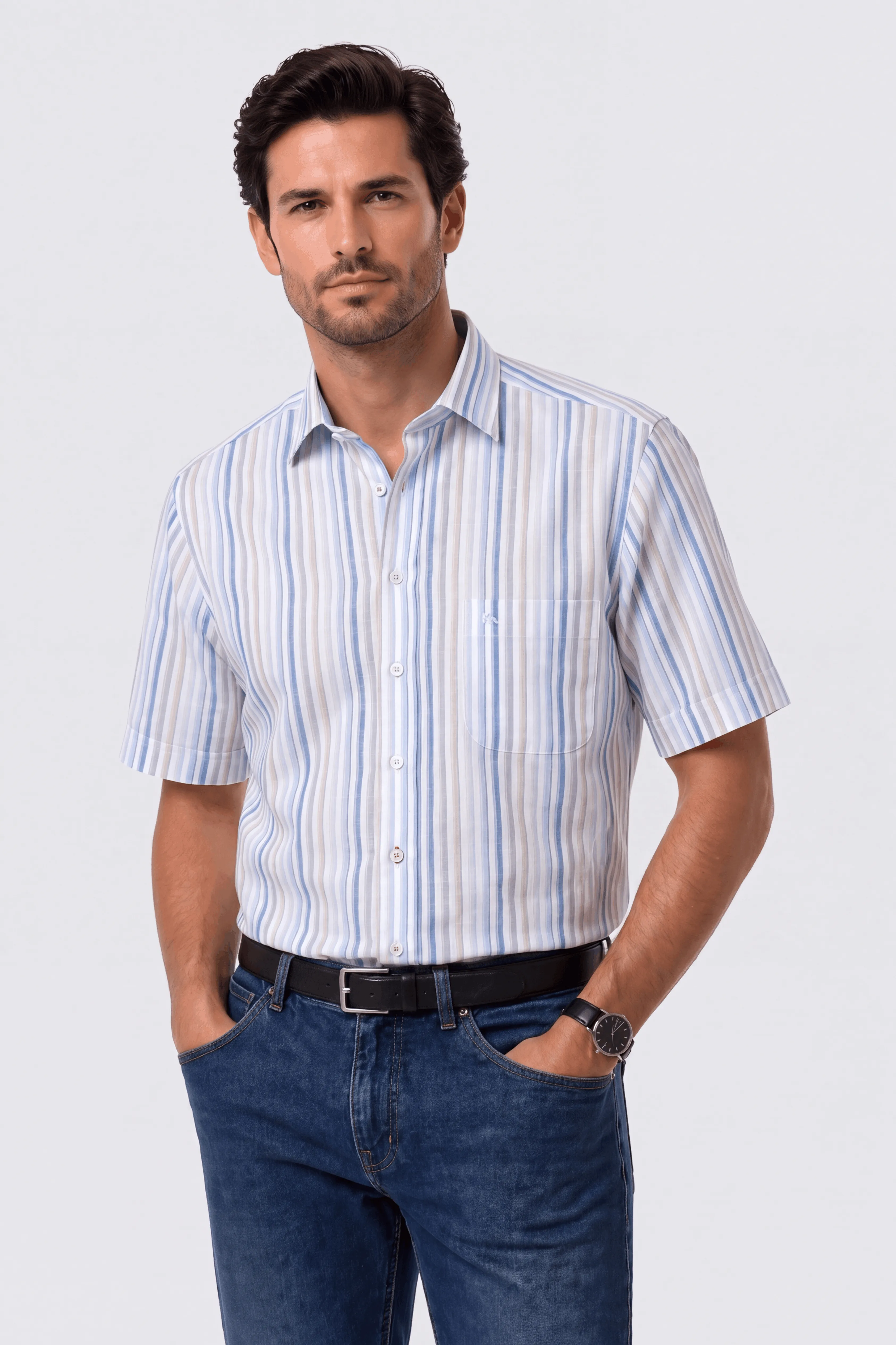 Bari Kent regular fit short sleeve with contrast with linen