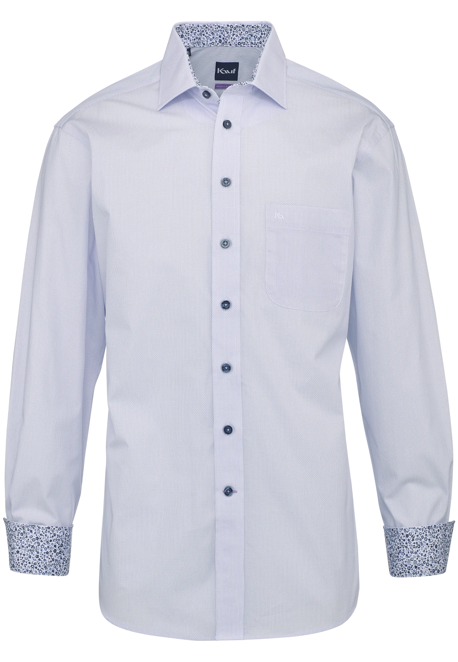 KAUF Regular Fit Men’s Shirt 325 30208 500, white with a light blue subtle print, contrasting blue floral fabric, New Kent collar and safety pocket