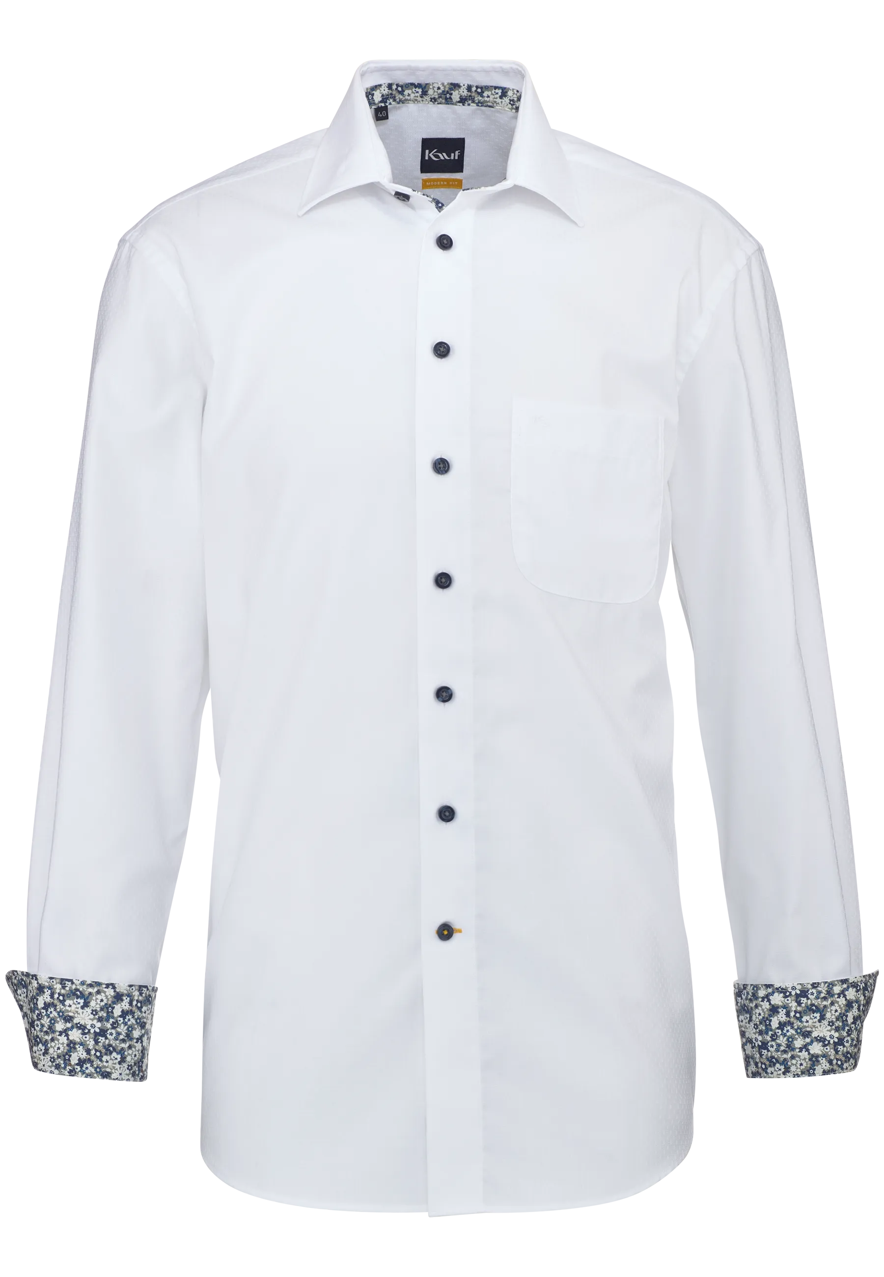 Camicia da uomo bianca KAUF Firenze, vestibilità moderna, con trama Dobby, colletto New Kent e taschino sul petto