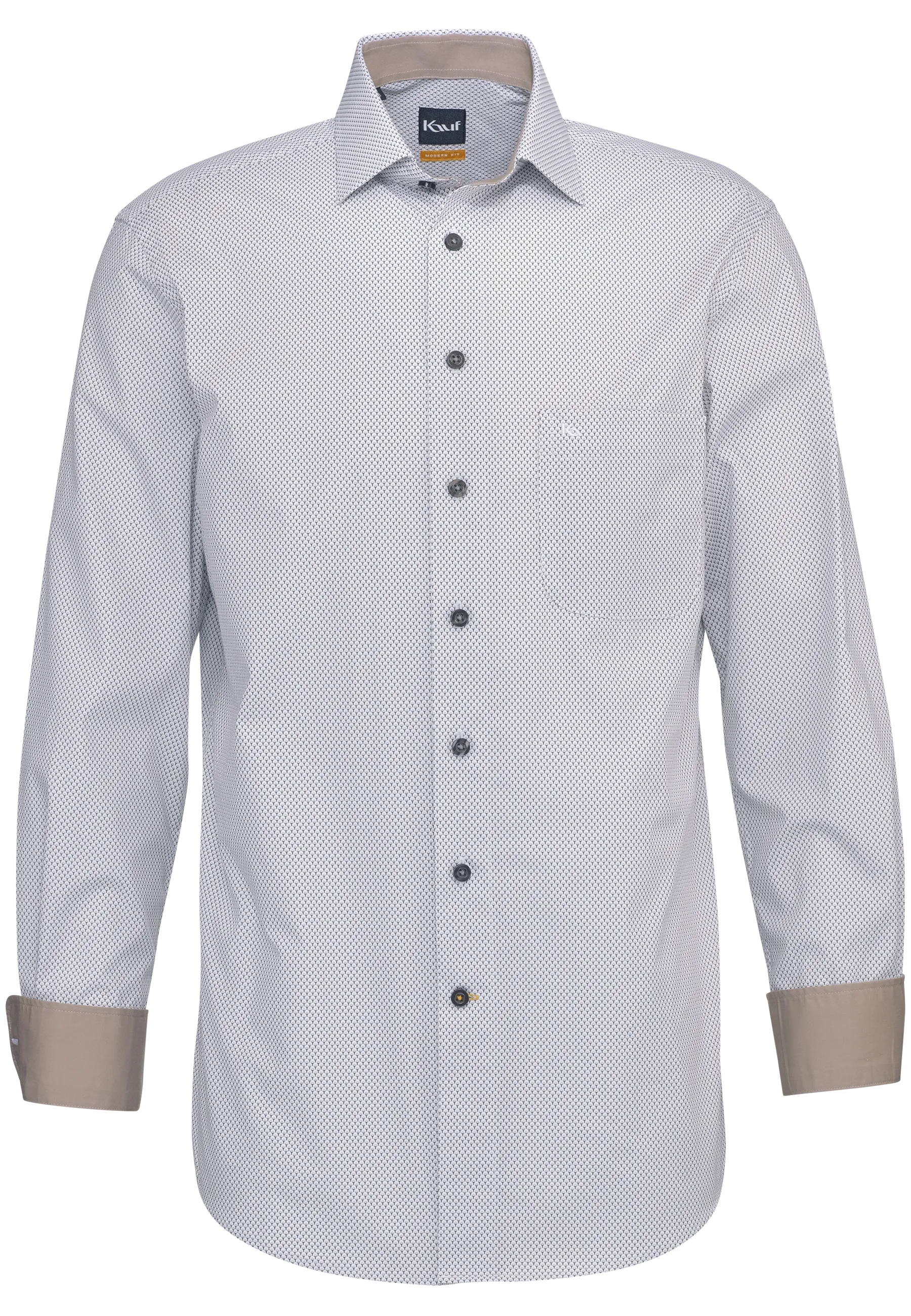 White KAUF Firenze men’s shirt in a Modern Fit with a beige-grey minimalist pattern, a New Kent collar and a breast pocket