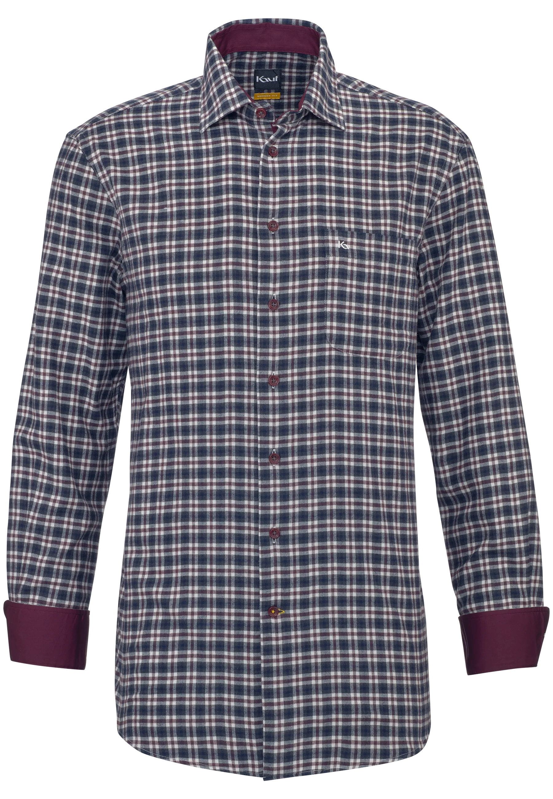 KAUF Verona Kent Modern Fit Flannel Shirt 290 60322 300, dark grey checked with burgundy contrast details