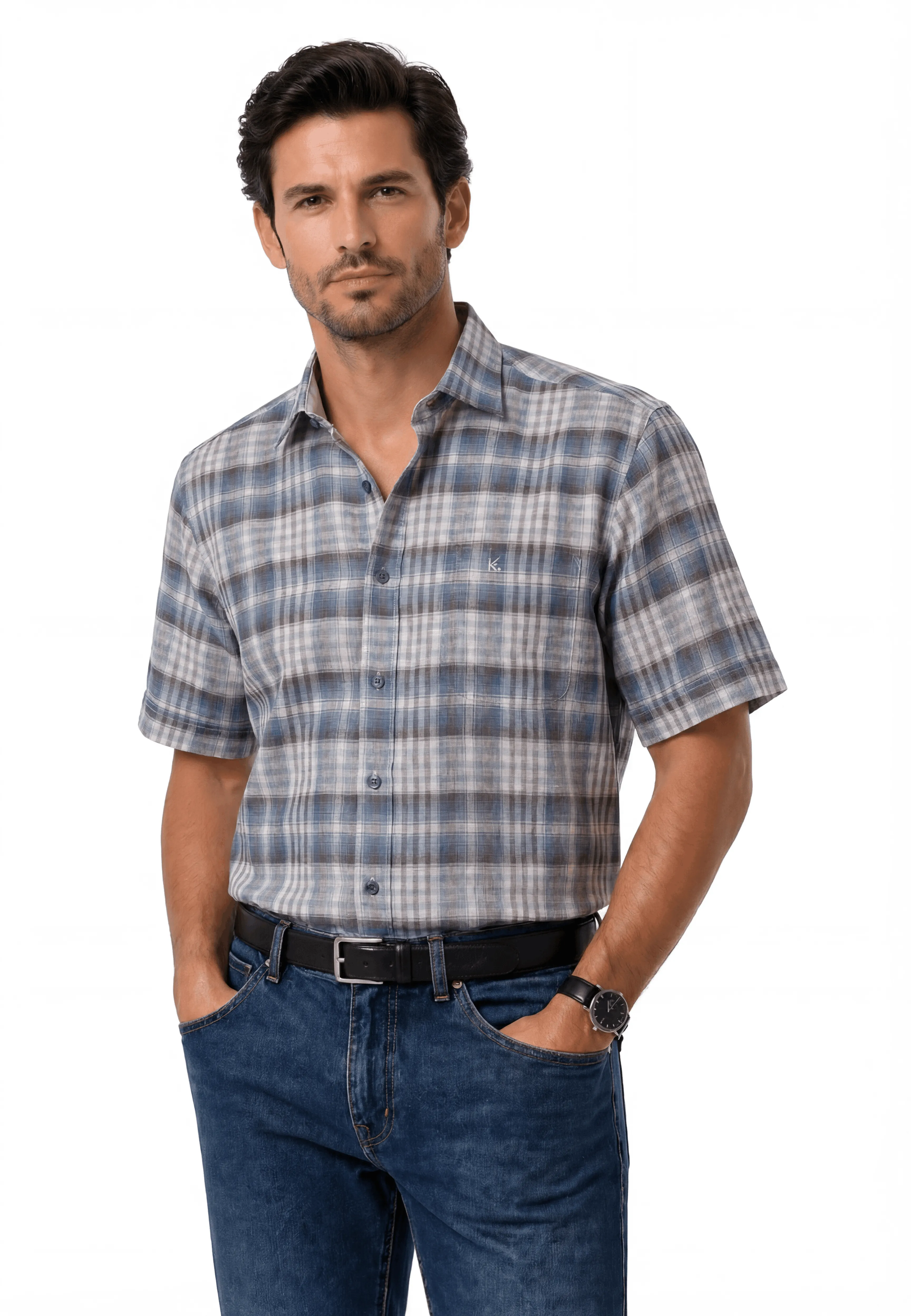 Bari Kent Kurzarm regular fit mit Kontrast mit Leinen
