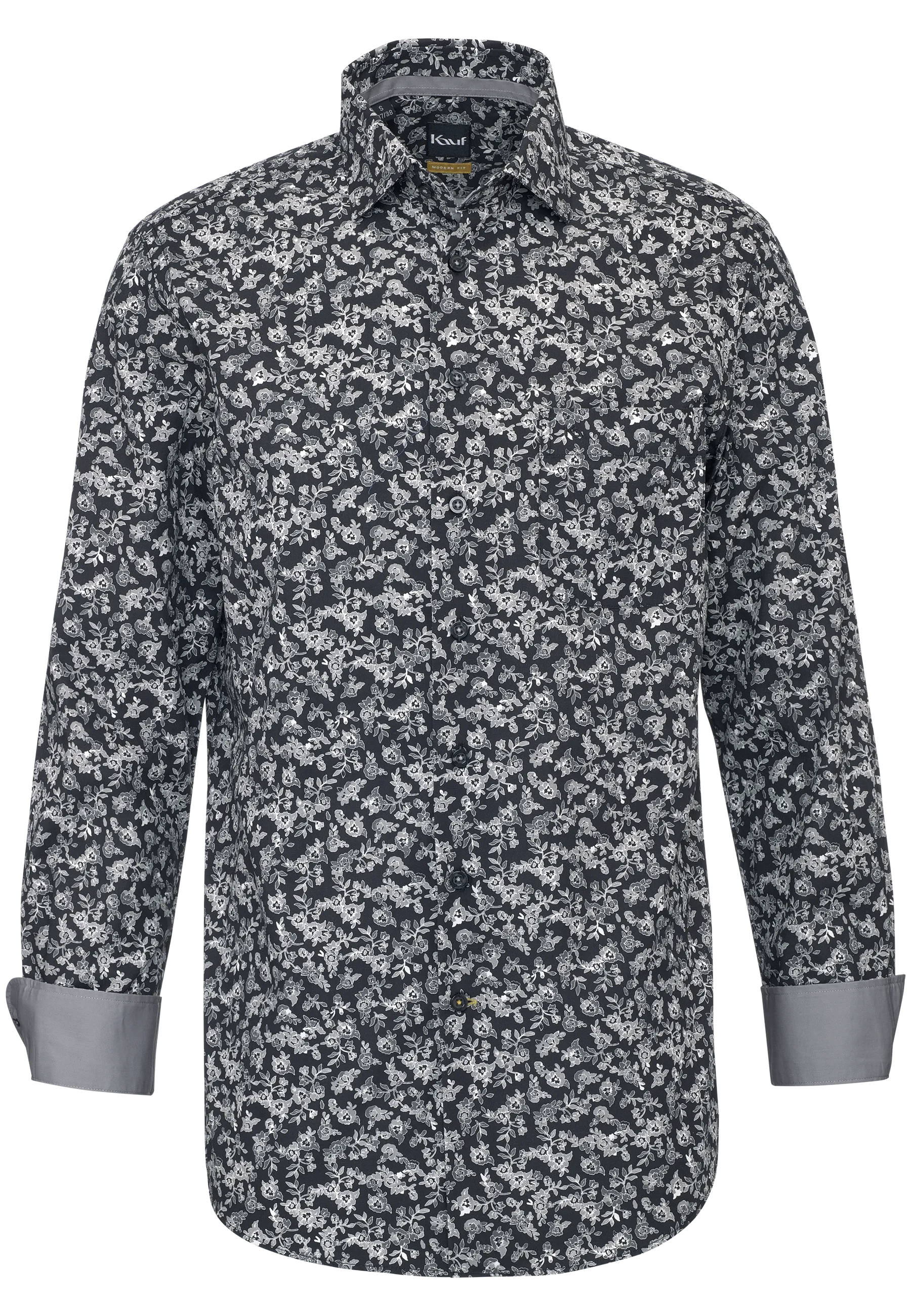KAUF camicia Verona Kent Modern Fit 290 60320 900 con stampa floreale grigia su fondo nero, colletto Kent e taschino di sicurezza