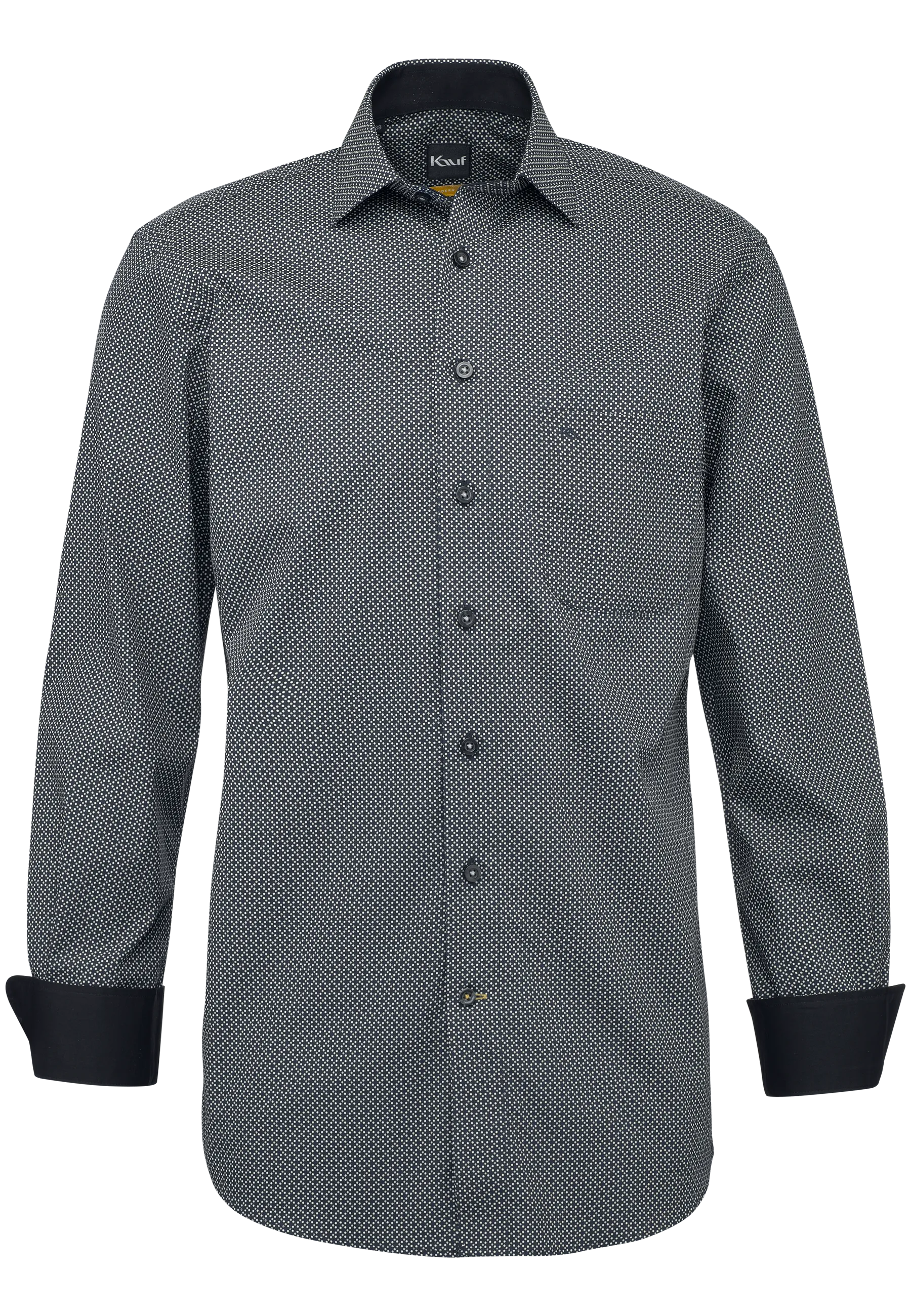 Camicia da uomo KAUF Firenze nera, vestibilità moderna, con delicata stampa a pois, colletto New Kent e taschino sul petto