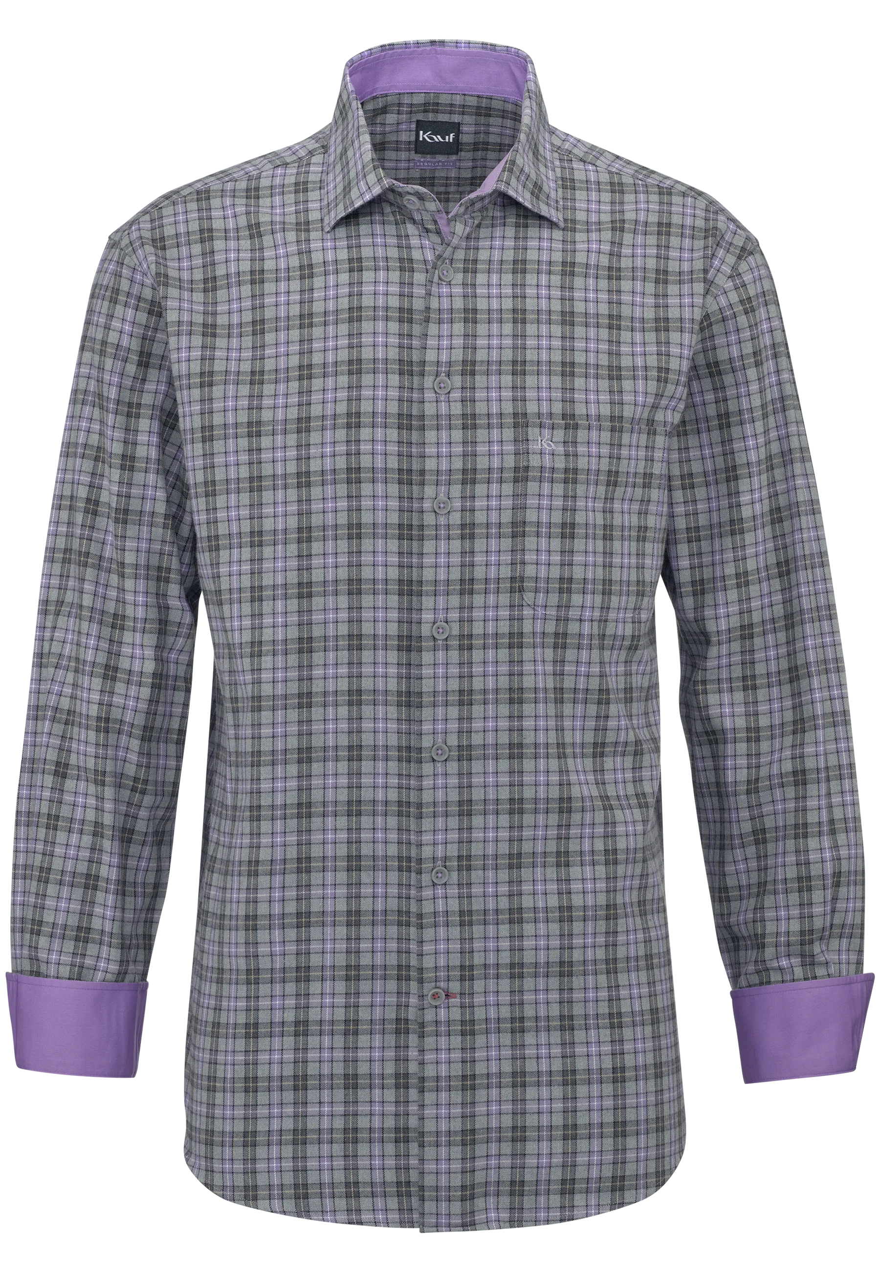KAUF Bari Kent Men’s Shirt, Regular Fit 176 60337 400, made from lightweight light grey flannel with a purple checked pattern, featuring a breast pocket, a safety pocket and purple contrasting cuffs