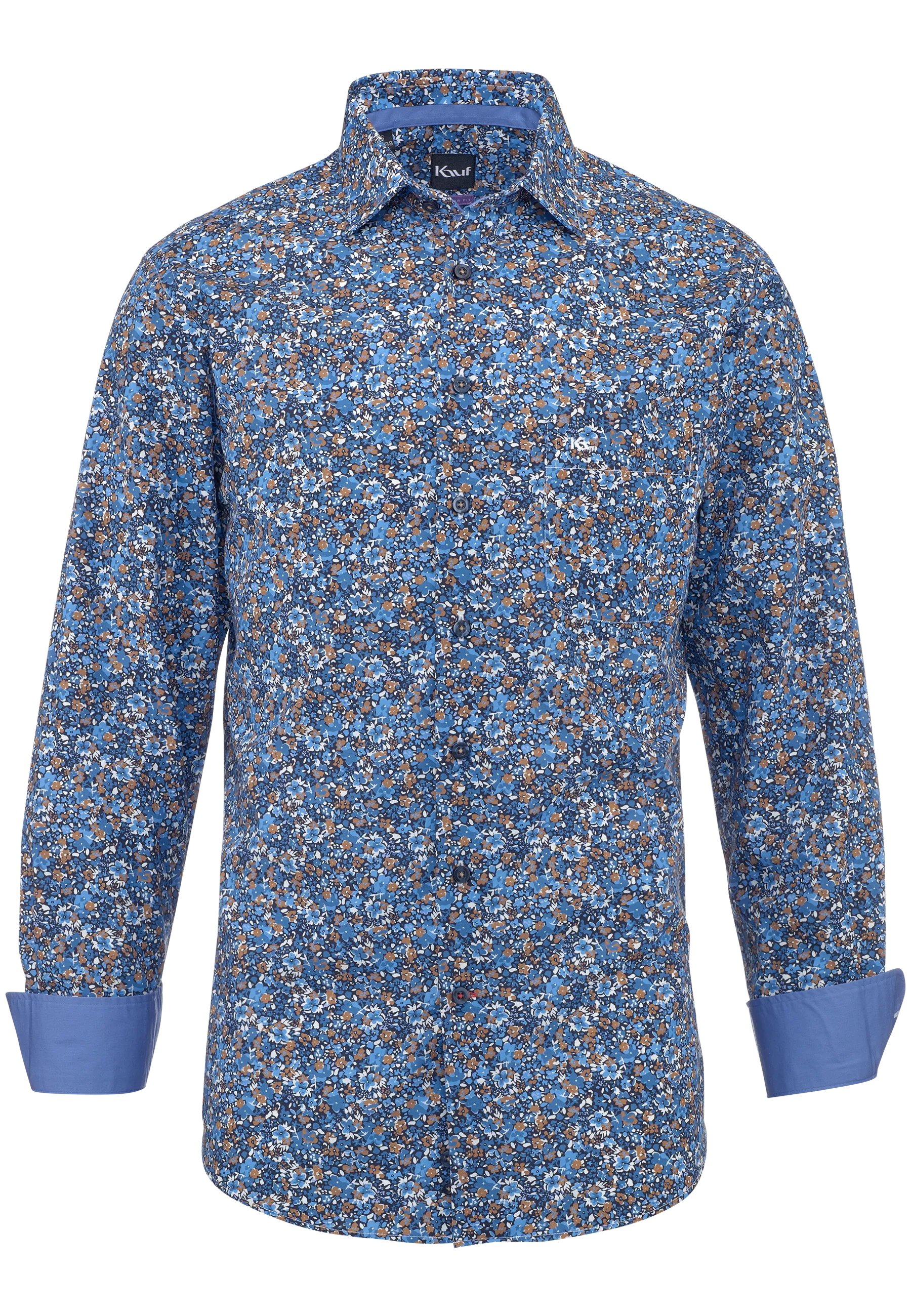 KAUF Bari Kent Herrenhemd Regular Fit dunkelblau mit floralem Muster in Blau, Braun und Weiss, Brusttasche und blauen Kontrastdetails