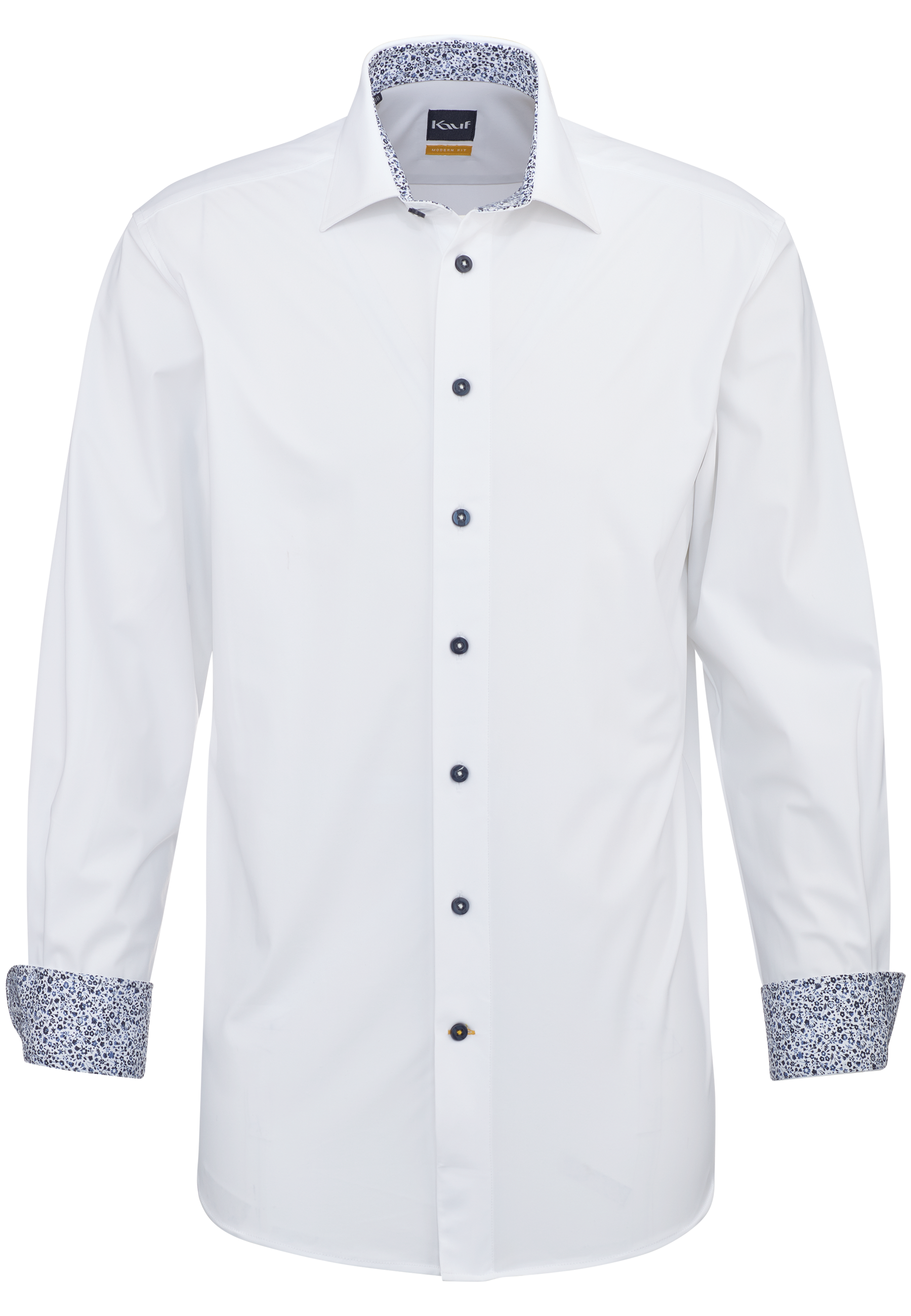 Weisses KAUF Firenze Jerseyhemd Modern Fit mit New Kent Kragen, blauem Blumendruck-Kontrast und blauen Knöpfen