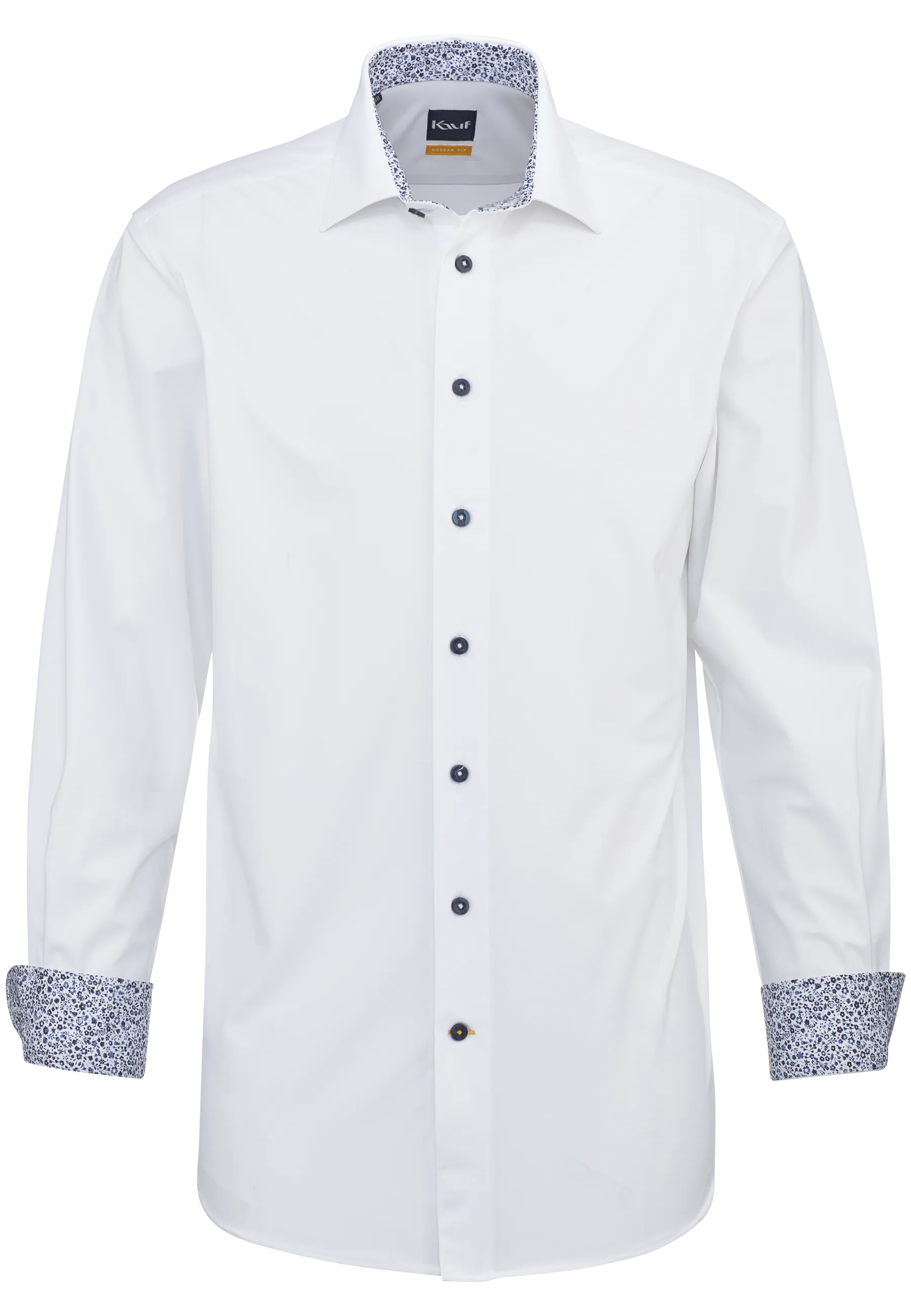 Weisses KAUF Firenze Jerseyhemd Modern Fit mit New Kent Kragen, blauem Blumendruck-Kontrast und blauen Knöpfen