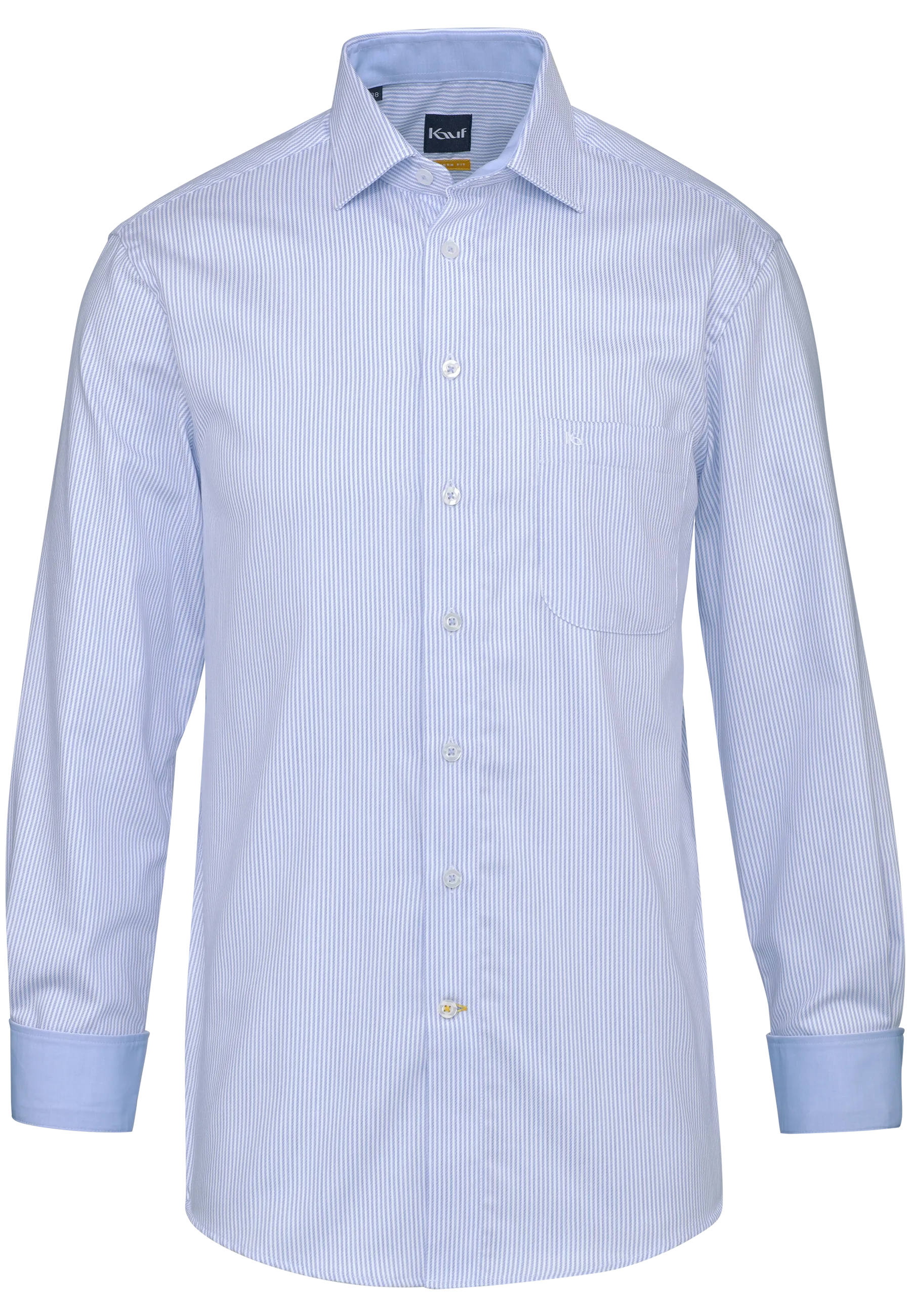 KAUF Regular Fit Men’s Shirt 325 30209 500, white and light blue with subtle nurse’s stripes, a New Kent collar and a safety pocket