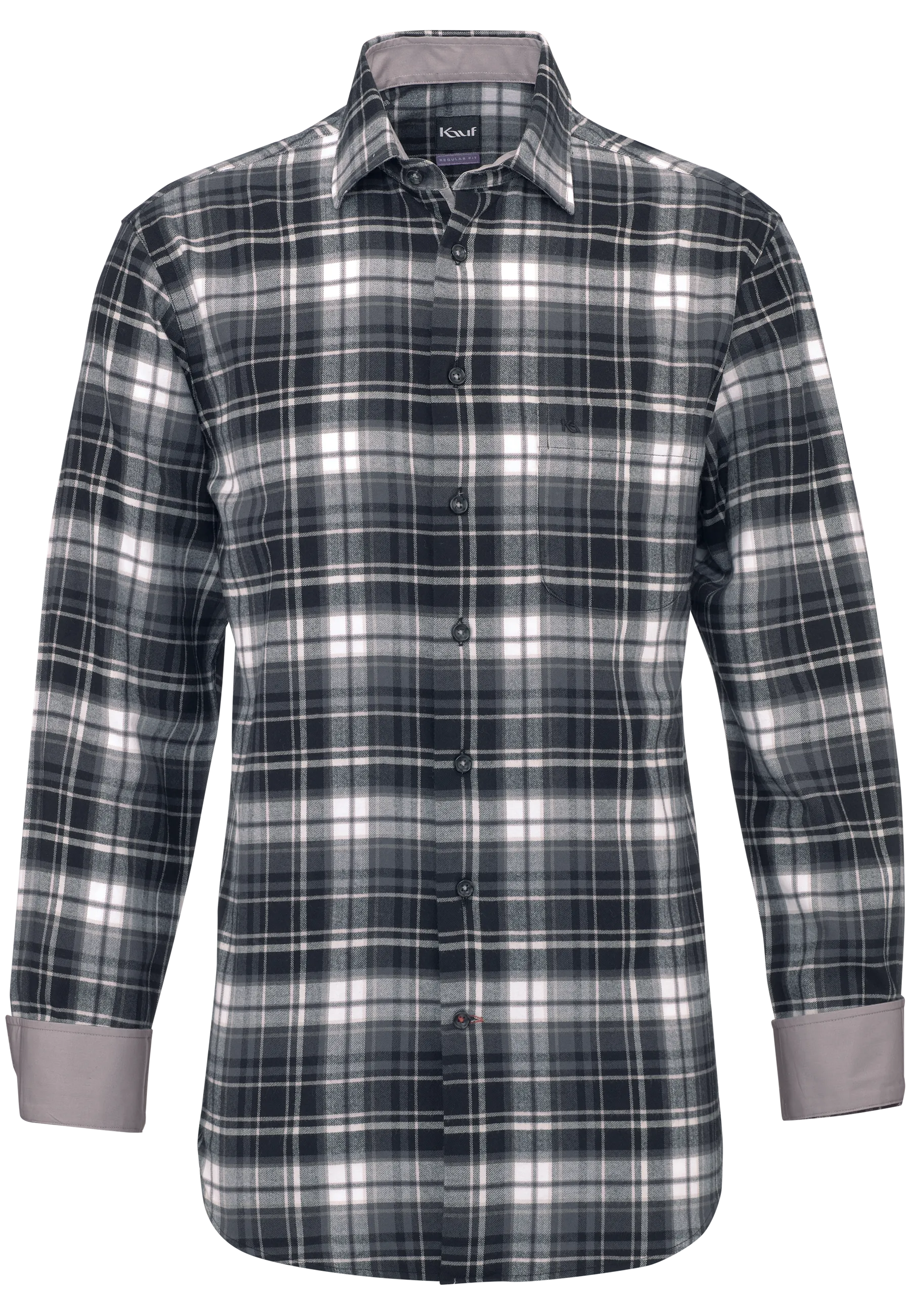 KAUF Bari Kent Herrenhemd Regular Fit aus weichem Flanell mit dunkelgrauem Karo, Brusttasche, Safety Pocket und grauen Kontrastdetails