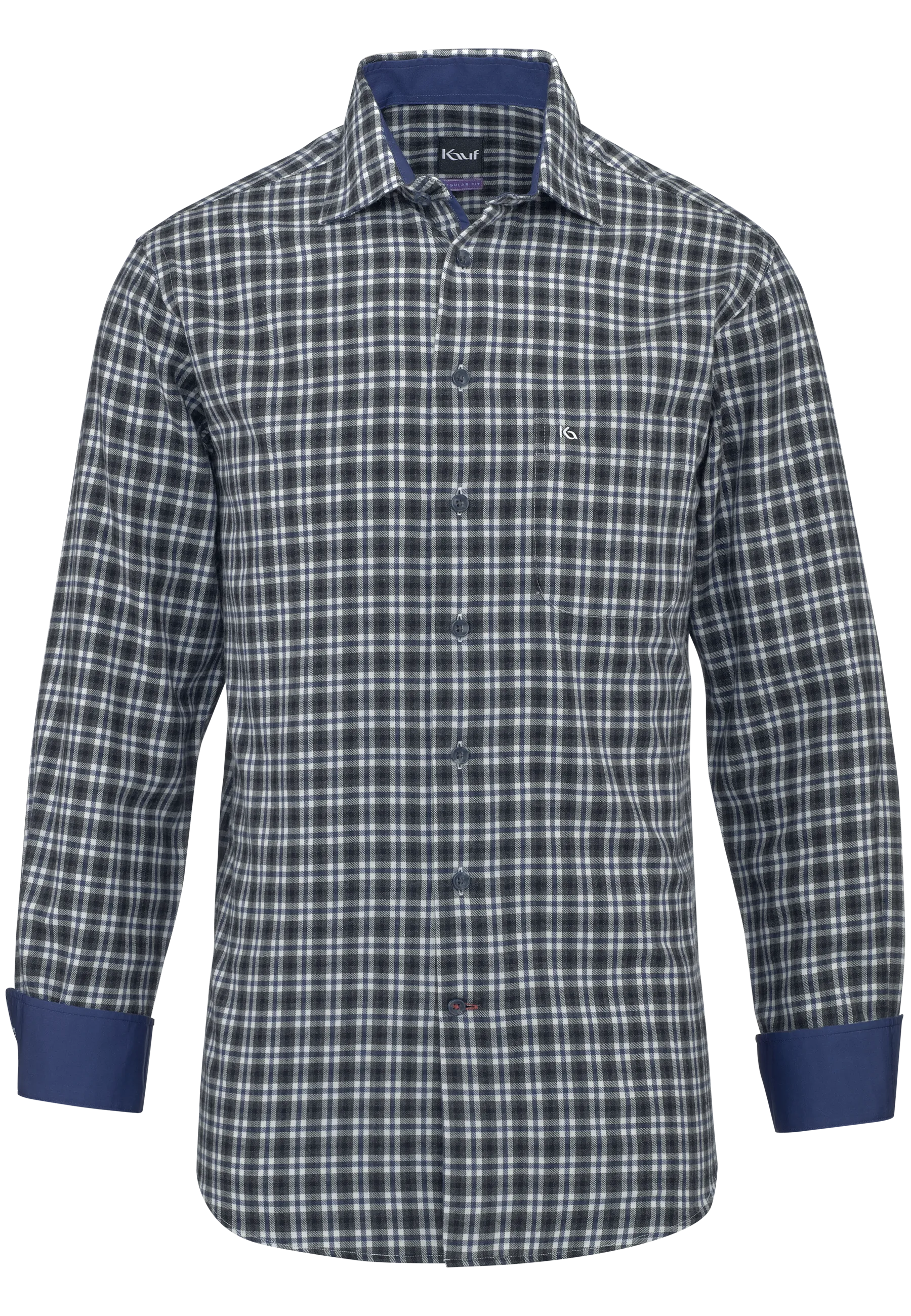 KAUF Bari Kent : chemise pour homme Coupe Regular Fit en flanelle douce à carreaux gris foncé et bleu, avec poche poitrine, poche de sécurité et détails contrastés bleu marine