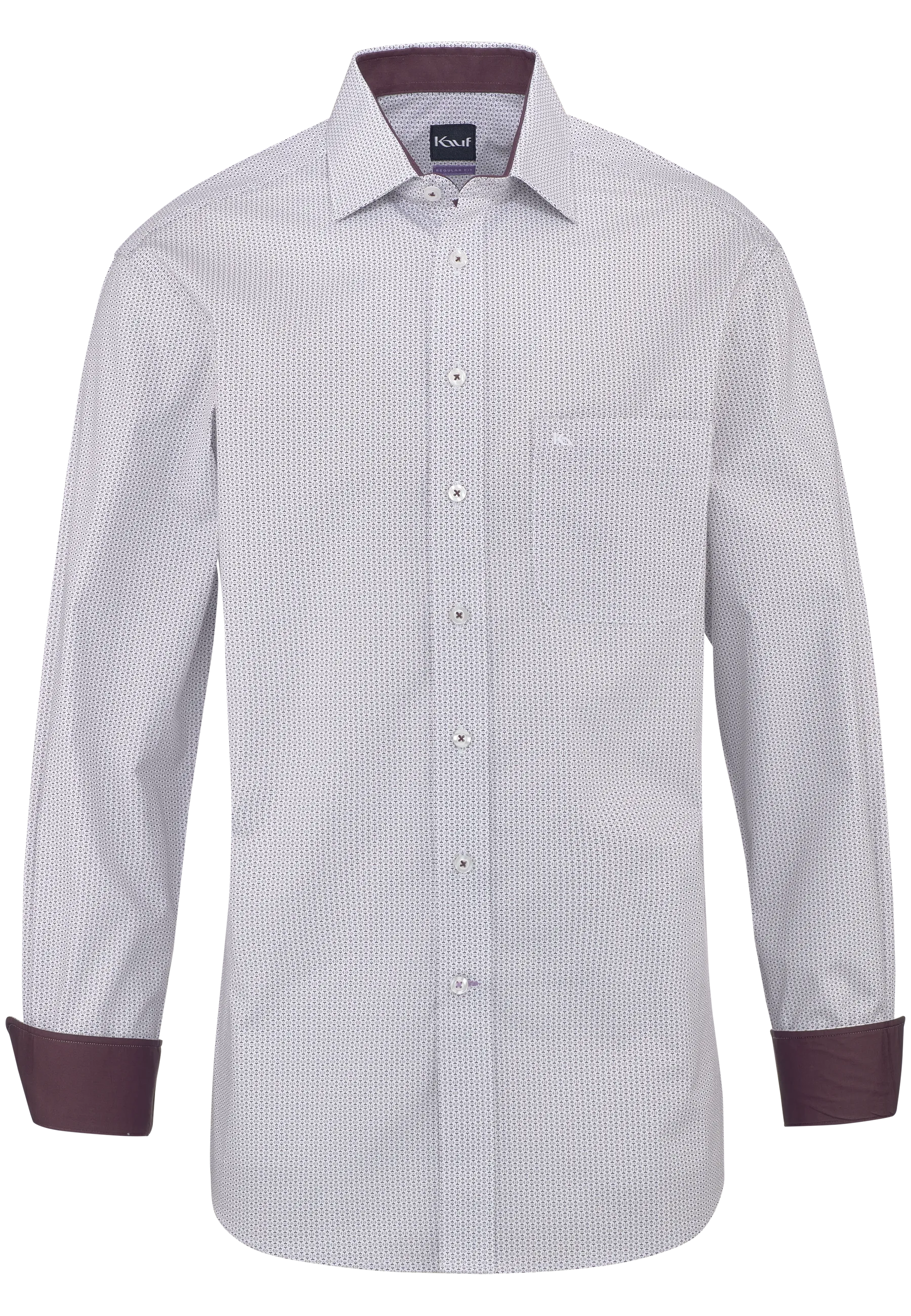 Texte alternatif de l'image principale : Chemise pour homme KAUF Pisa blanche, Coupe Regular Fit, avec imprimé fantaisie beige et bordeaux, col New Kent et poche poitrine