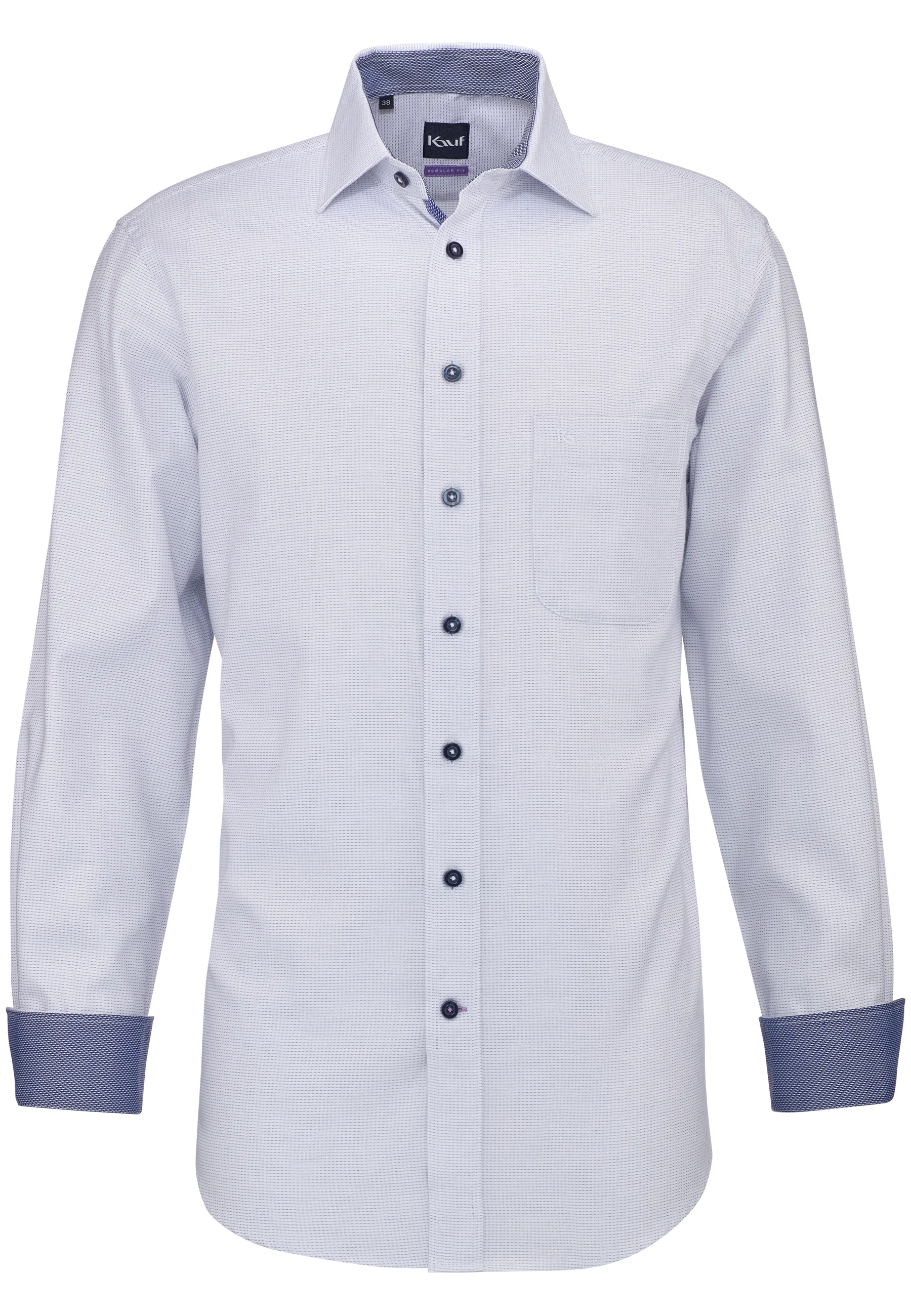 KAUF Chemise pour homme Coupe Regular Fit 325 30219 500 blanche avec un fin motif texturé bleu foncé, col New Kent et poche de sécurité