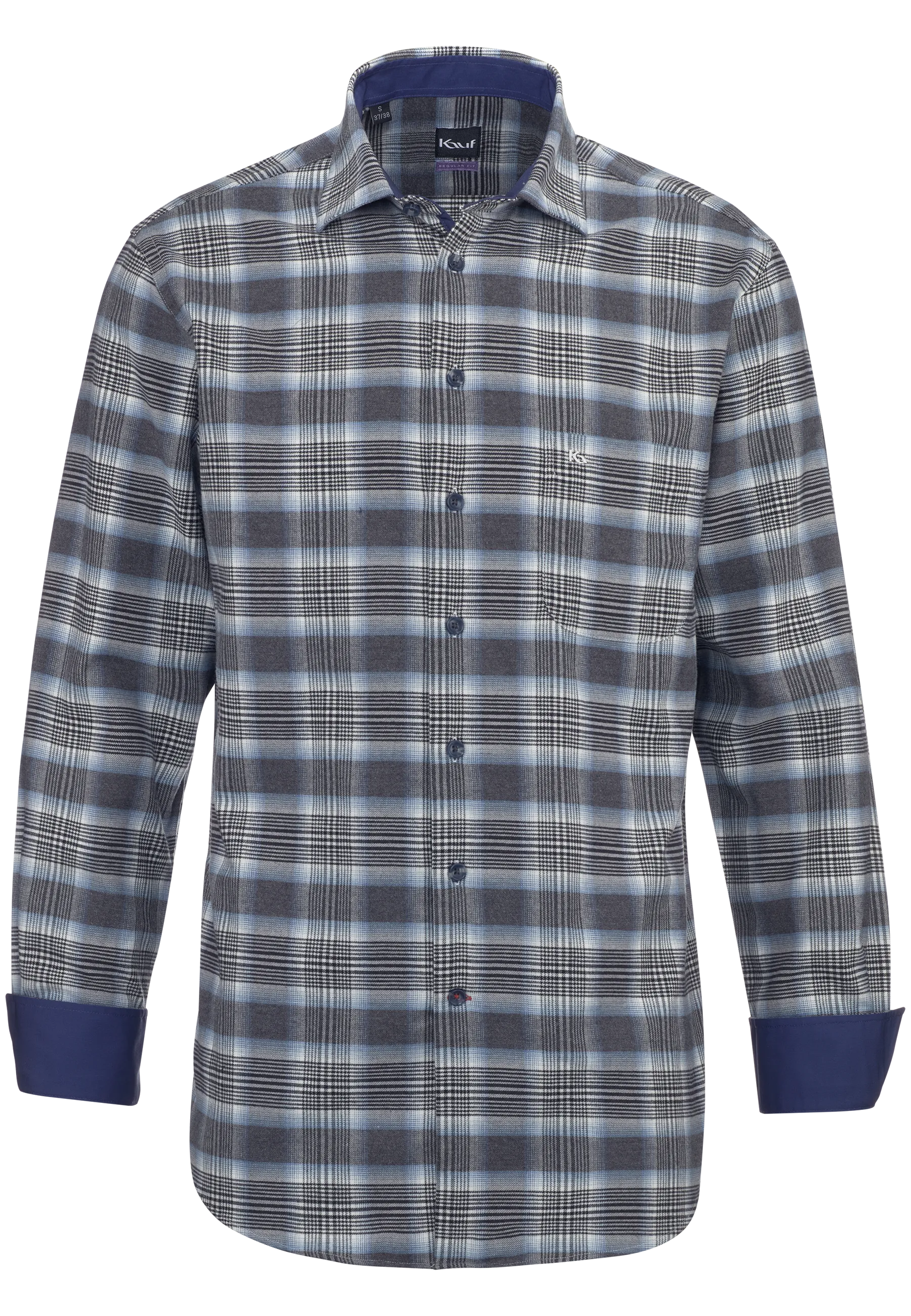 Blau-schwarz kariertes KAUF Bari Herrenhemd Regular Fit aus Flanell mit Kent-Kragen und Brusttasche