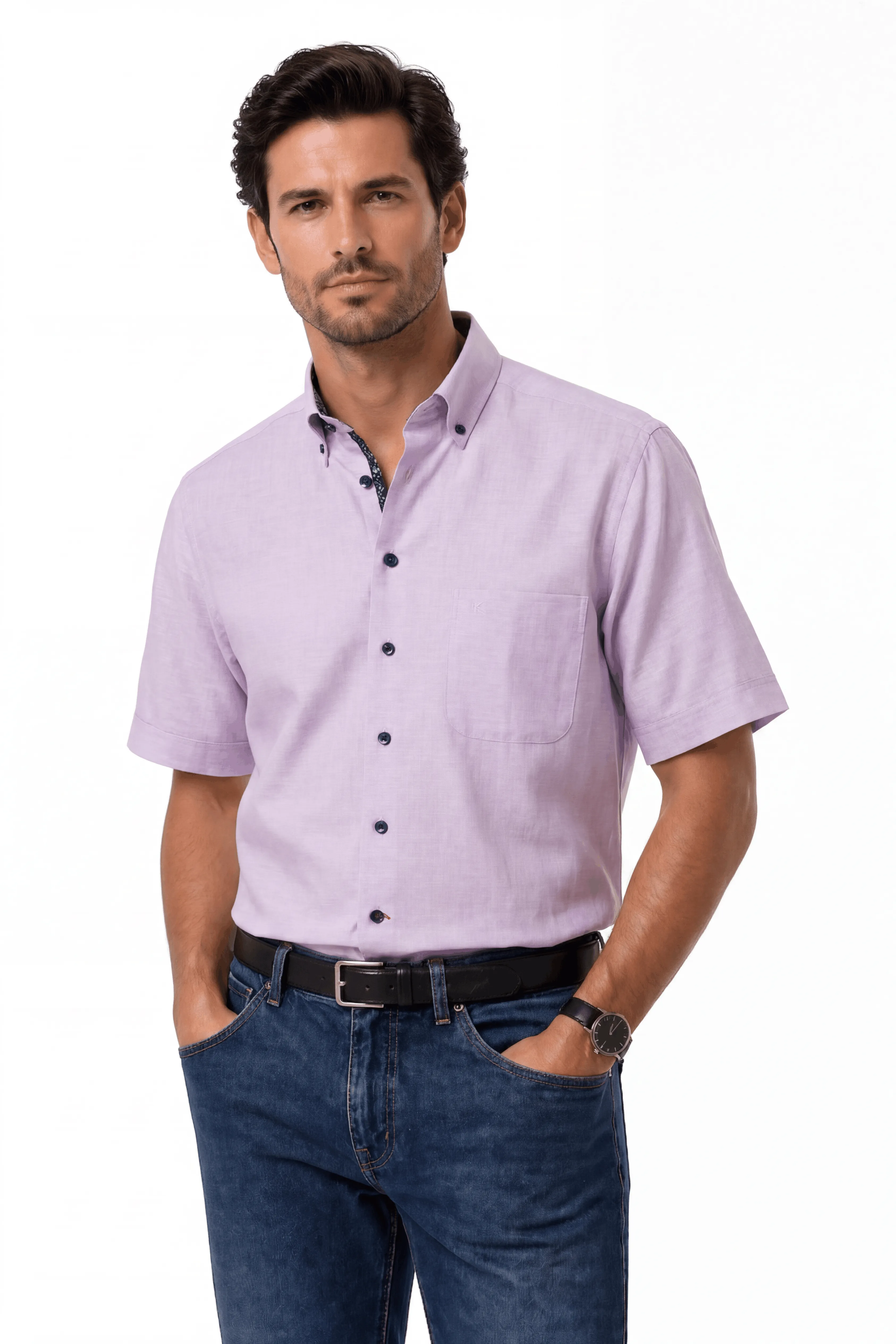 Bari Button Down à manches courtes Coupe Regular Fit avec contraste avec en lin