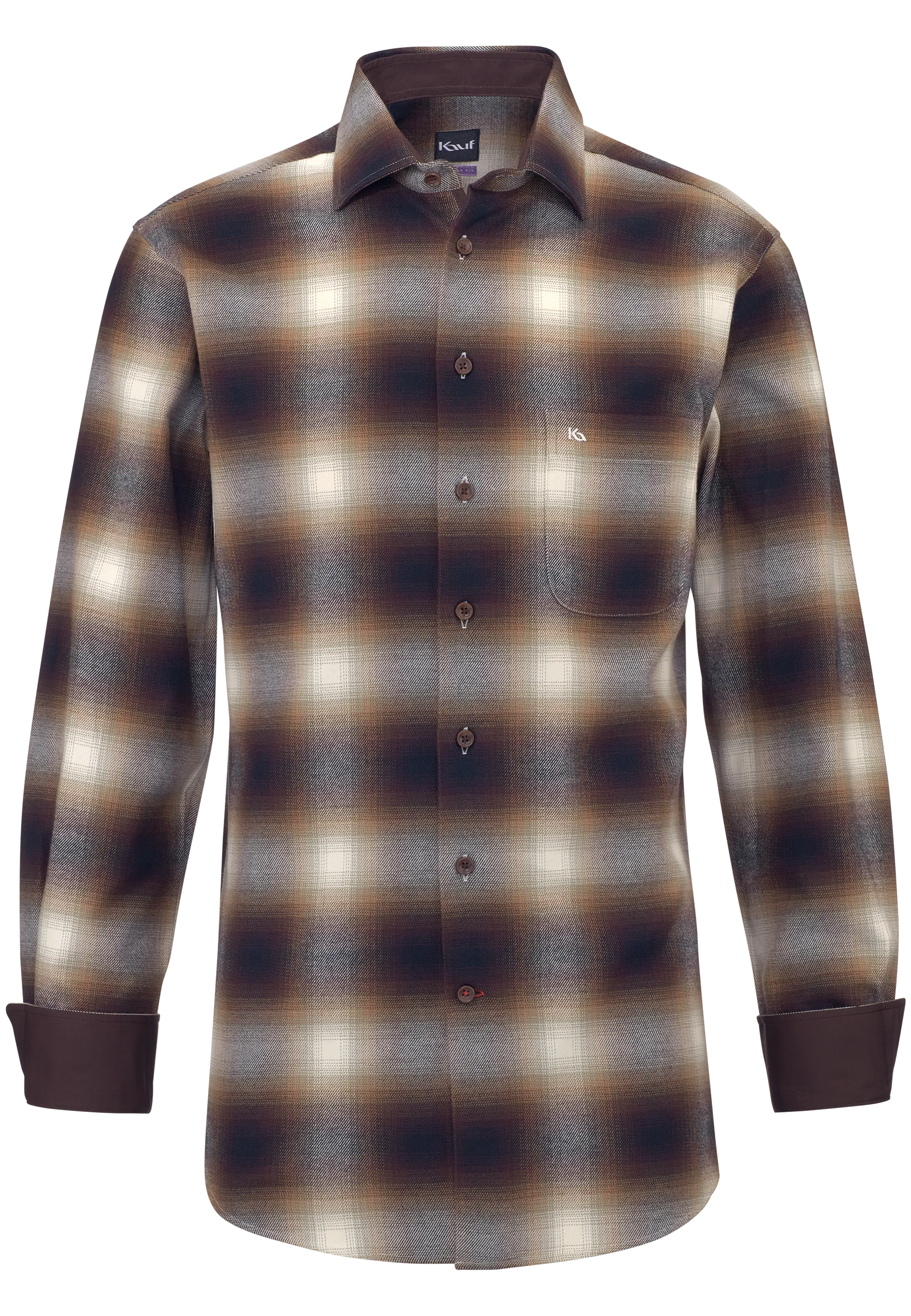 KAUF Bari Kent : chemise pour homme Coupe Regular Fit 176 60329 700 en flanelle marron à grands carreaux, avec col Kent et poche poitrine