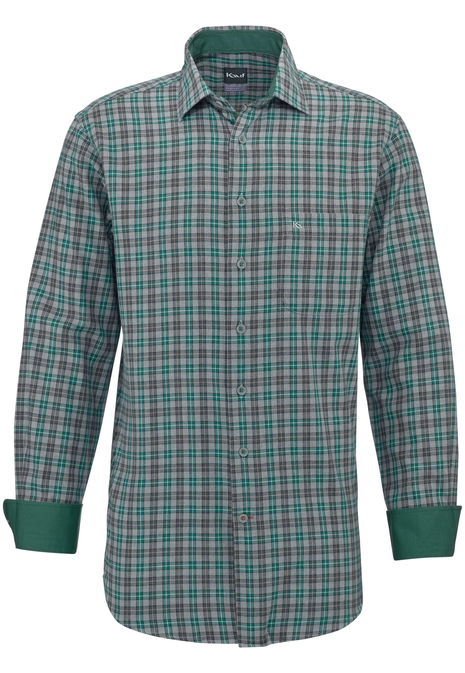 KAUF Bari Kent Men’s Regular Fit Shirt 176 60336 600 made from lightweight flannel in light grey with a green checked pattern, chest pocket, safety pocket and green cuffs