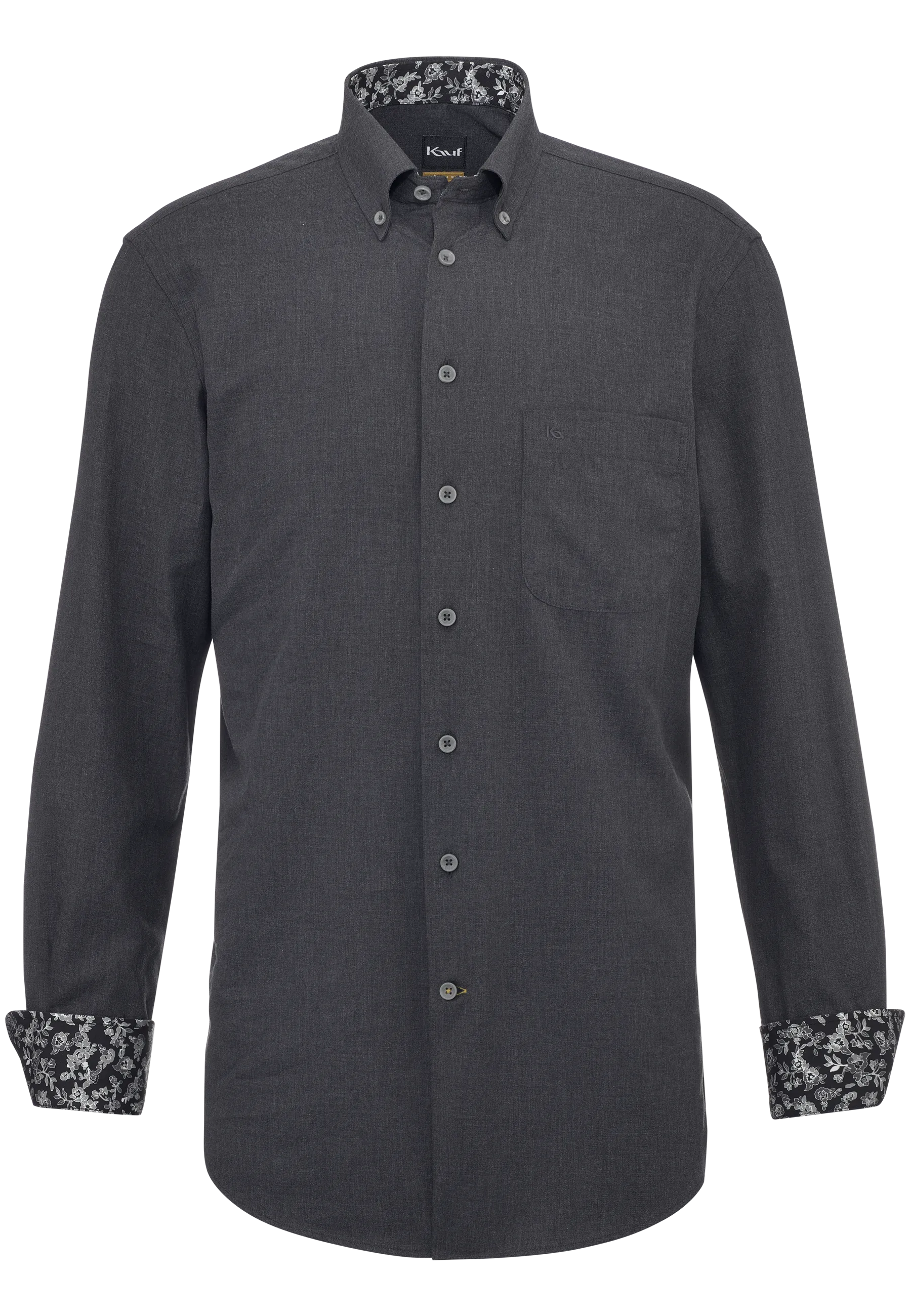 Chemise pour homme KAUF Bari gris foncé, coupe Regular Fit, en flanelle douce, avec col Kent et poche poitrine