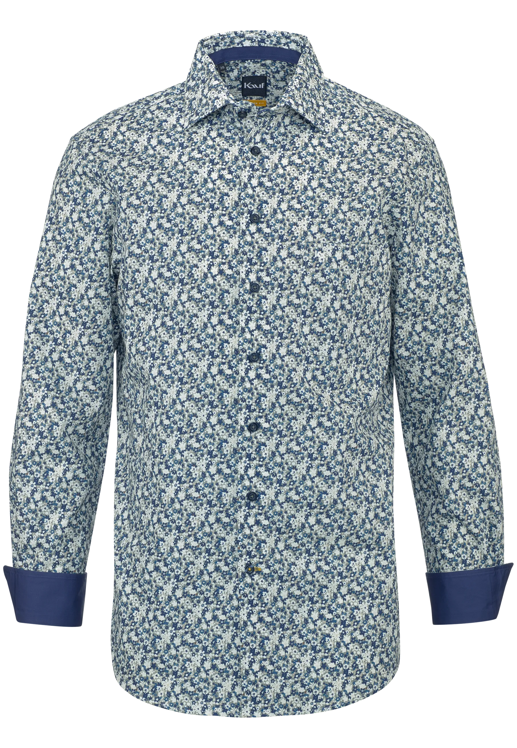 KAUF Chemise pour homme Coupe Regular Fit 325 30254 800 bleu foncé à imprimé floral kaki, col New Kent et poche de sécurité
