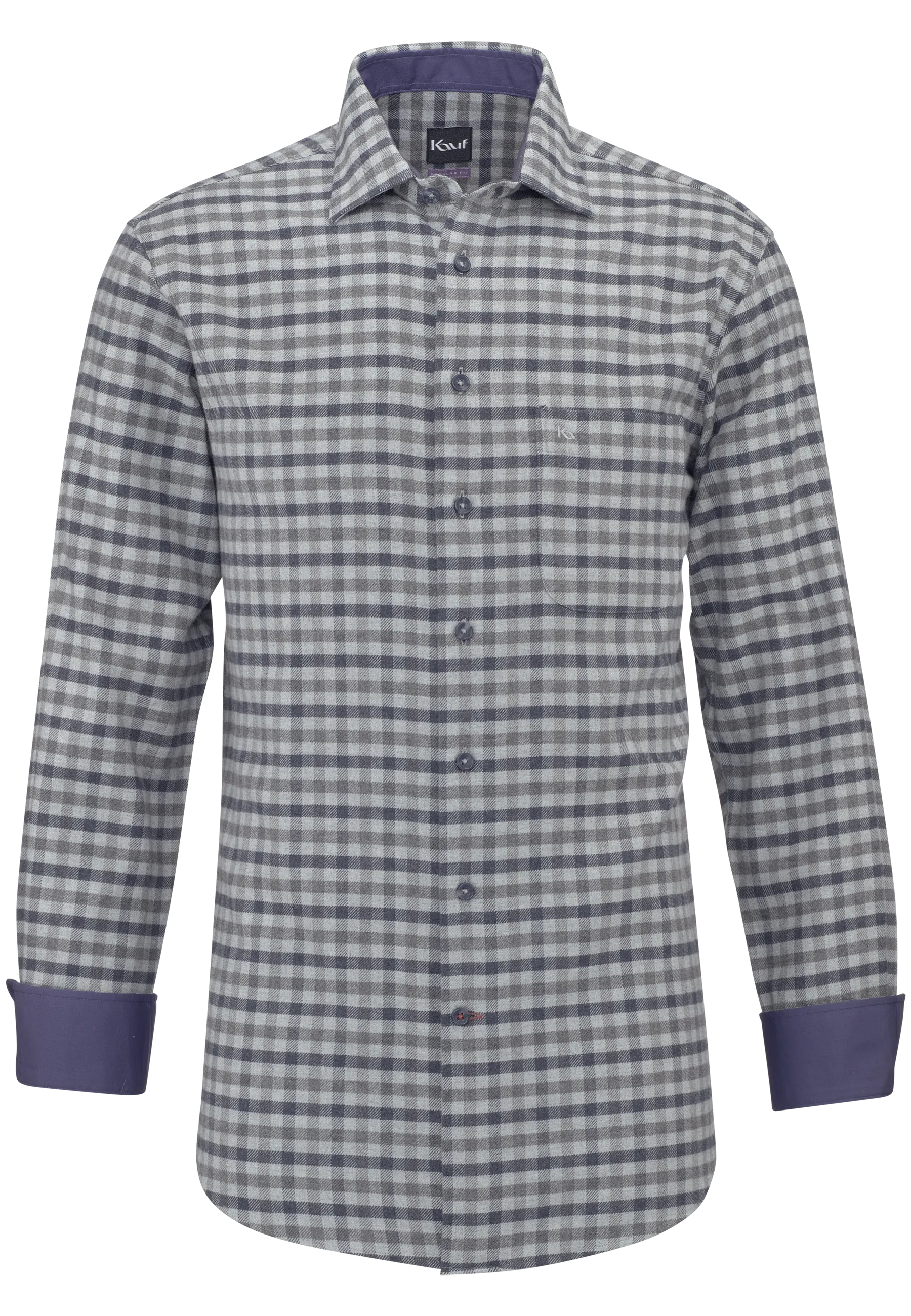 KAUF Bari Kent Men’s Regular Fit Shirt in warm grey flannel with navy contrast detailing, a breast pocket and a safety pocket