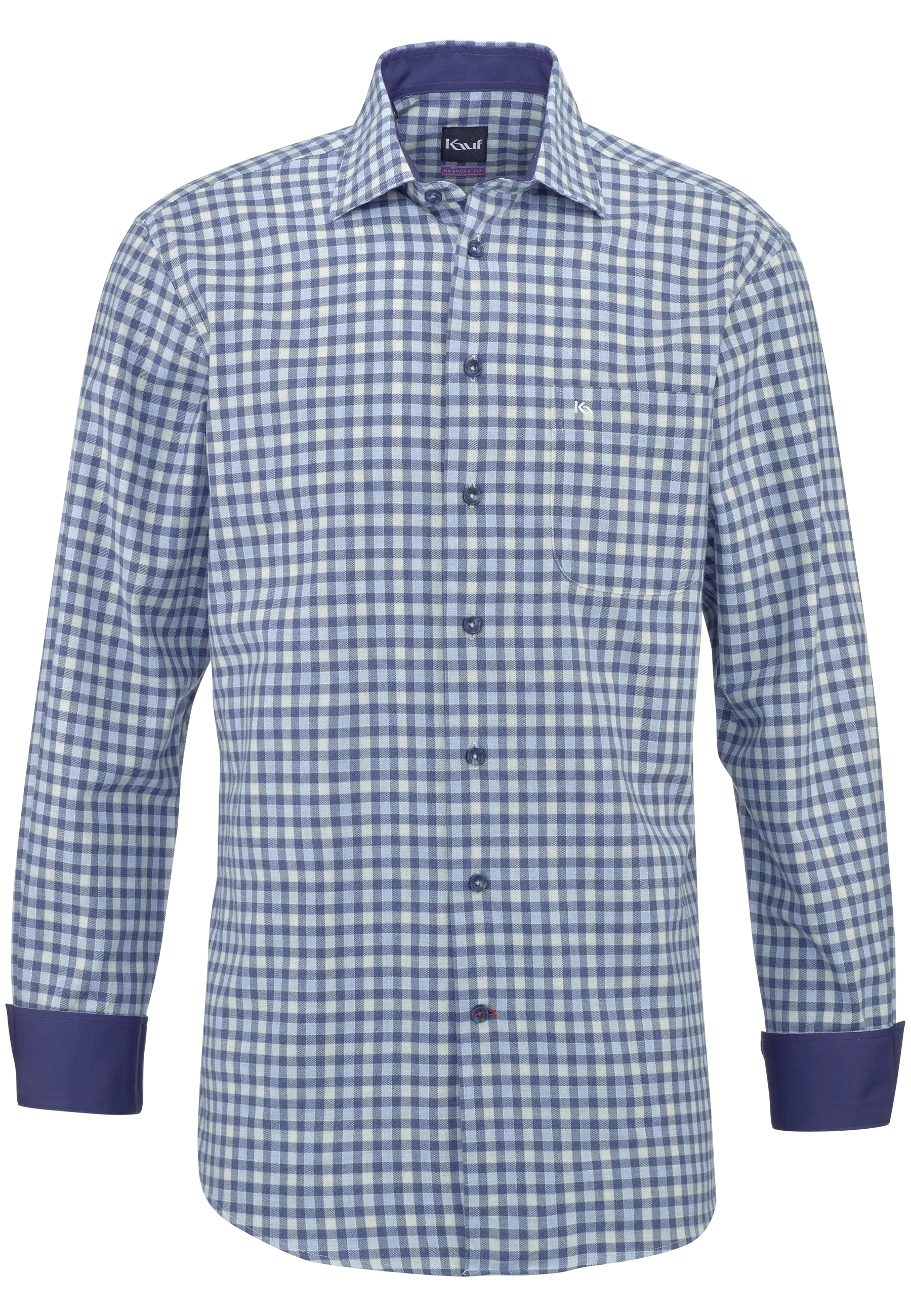 KAUF Regular Fit Men’s Shirt 176 60301 500 made from lightweight flannel with a navy, light blue and beige checked pattern, Kent collar and safety pocket
