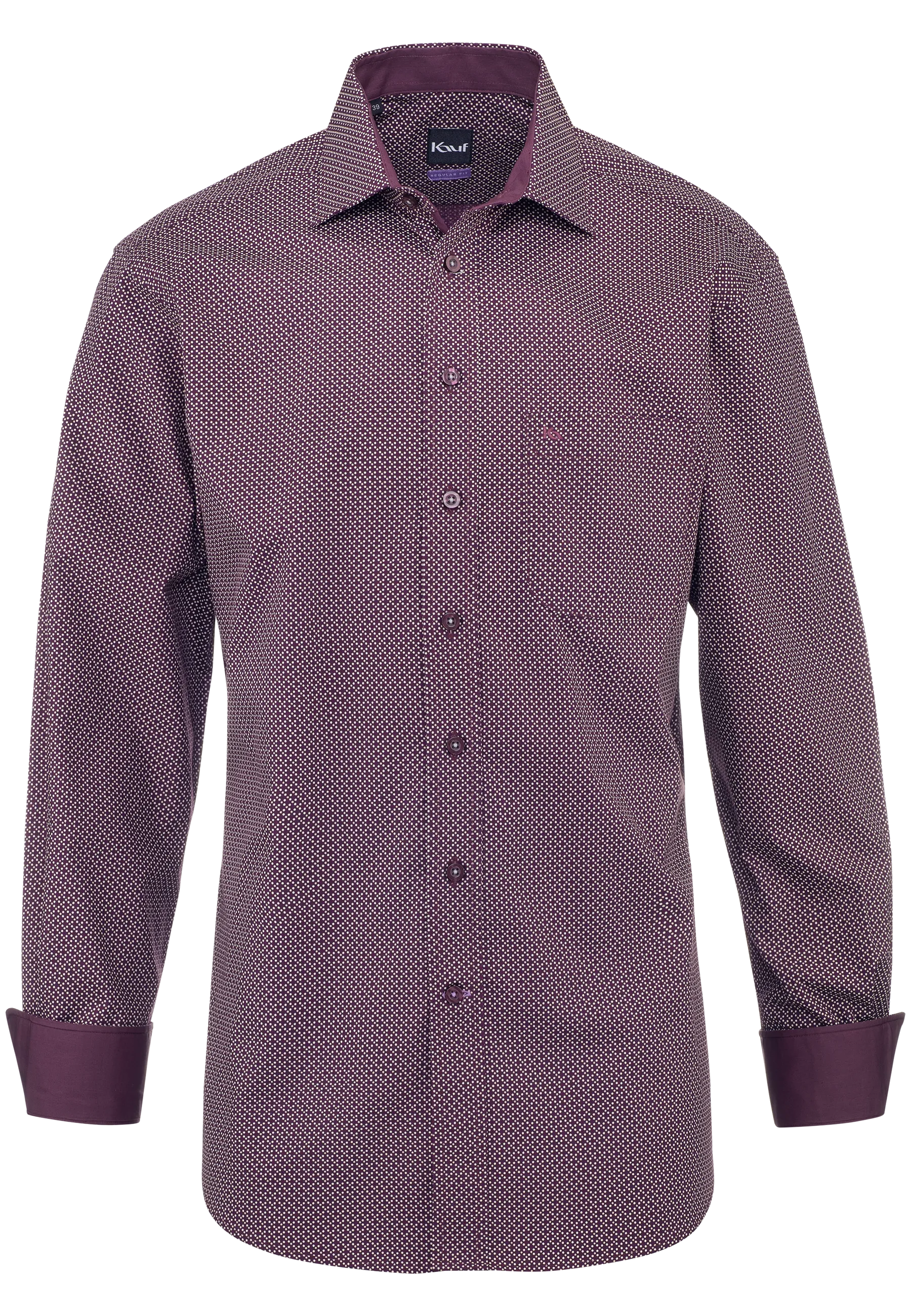 KAUF Chemise pour homme coupe Regular Fit 325 30269 300, couleur bordeaux avec un fin imprimé à pois beiges et écru, col New Kent et poche de sécurité