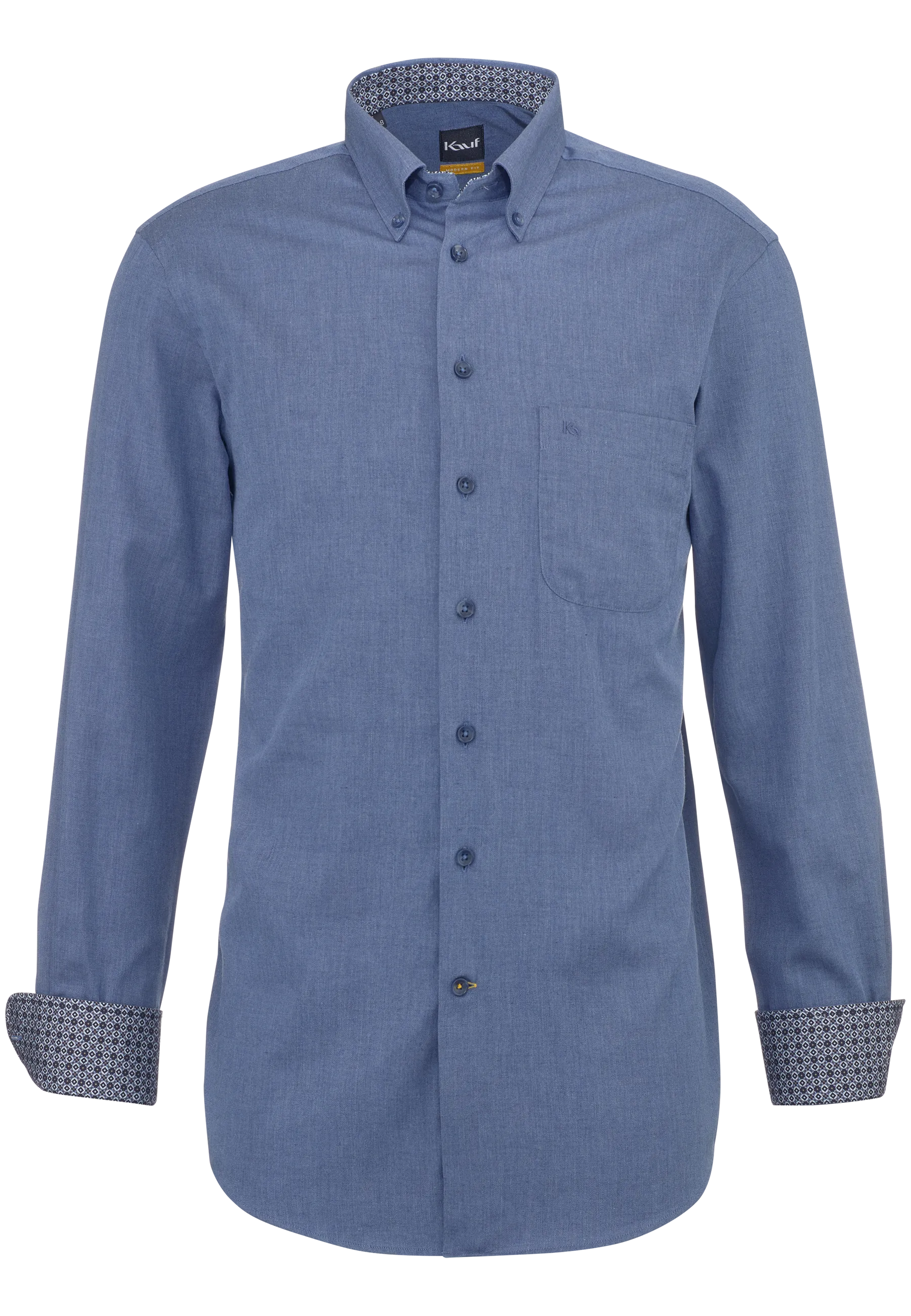 Camicia da uomo KAUF Verona blu medio, vestibilità moderna, in morbido twill, con colletto button-down e taschino sul petto